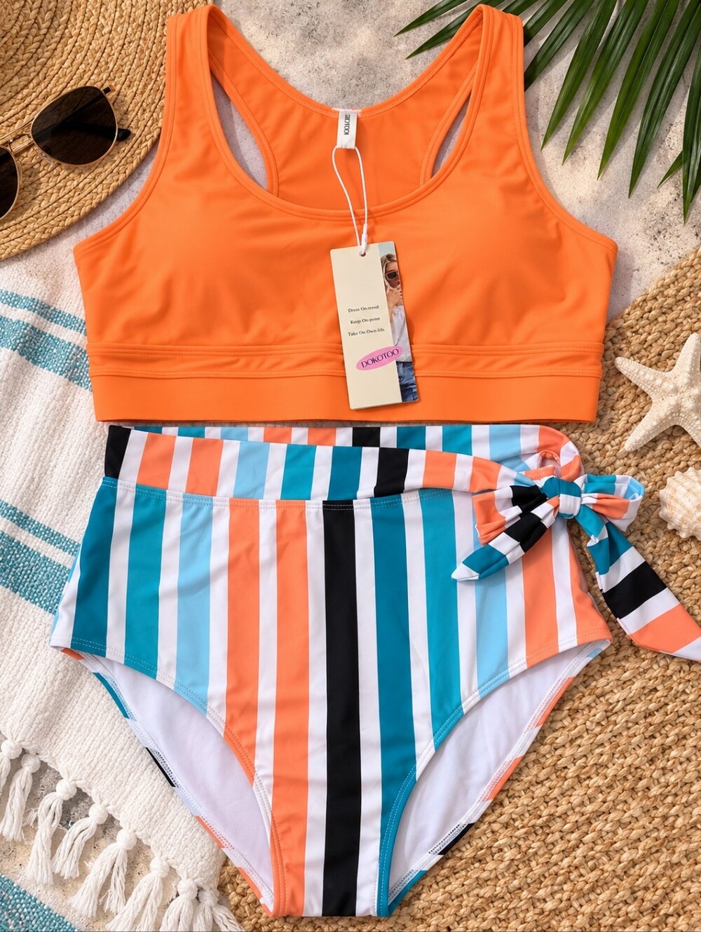 NWT Dokotoo Orange Striped High Waist Bikini Set Size L